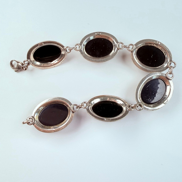 Estate 28.5 CT Green Baltic Amber Oval Panel MCM Sterling Silver VTG Bracelet - Picture 6 of 11